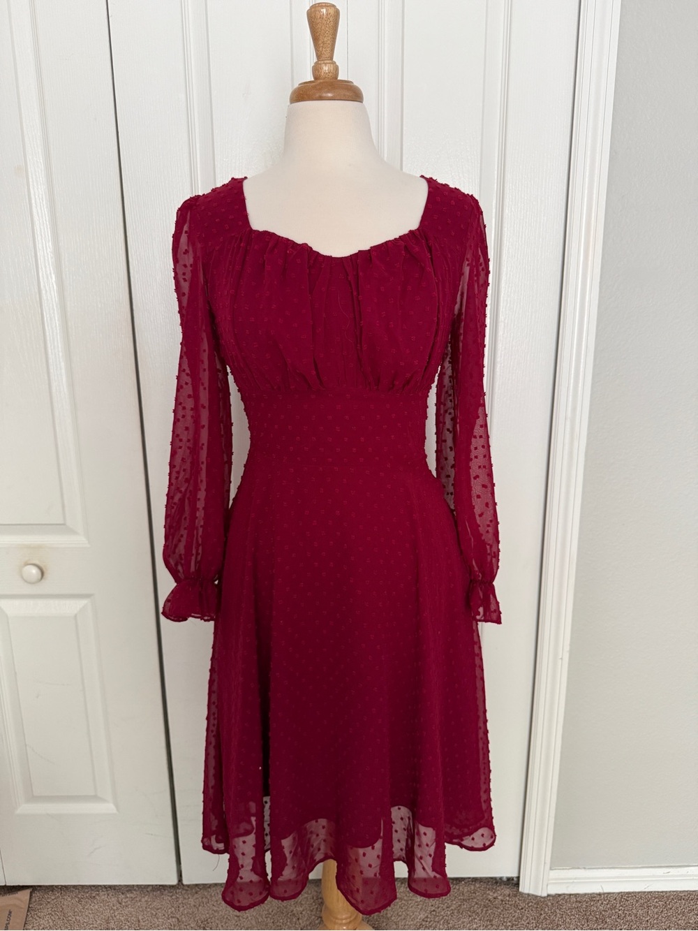 Belle Pogue Burgundy Swiss Dot Dress – Size Small